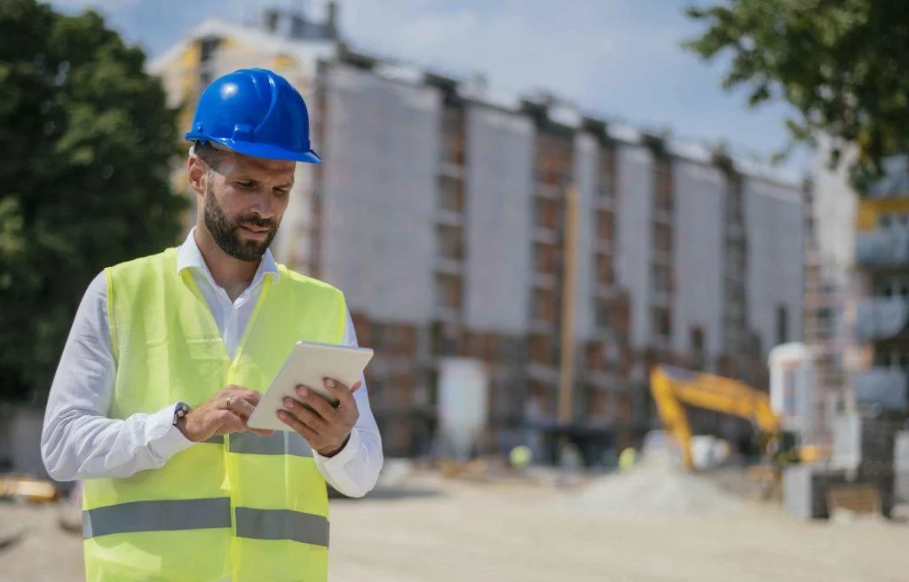 Field service employee in high vis and helmet, holding a tablet