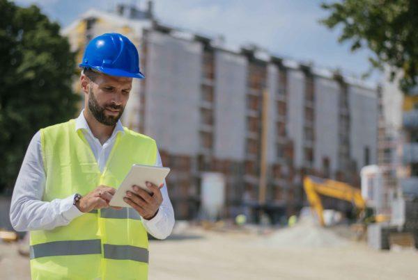 Field service employee in high vis and helmet, holding a tablet
