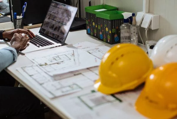 2 helmets on a desk next to a lapotp
