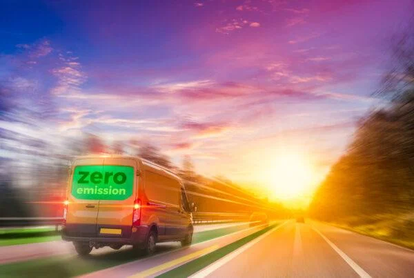 Field service management best practices blog hero image of delivery van driving on motorway with 'zero emissions' written across the back.