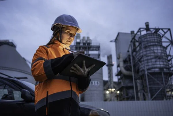 Field service engineer at job holding tablet.