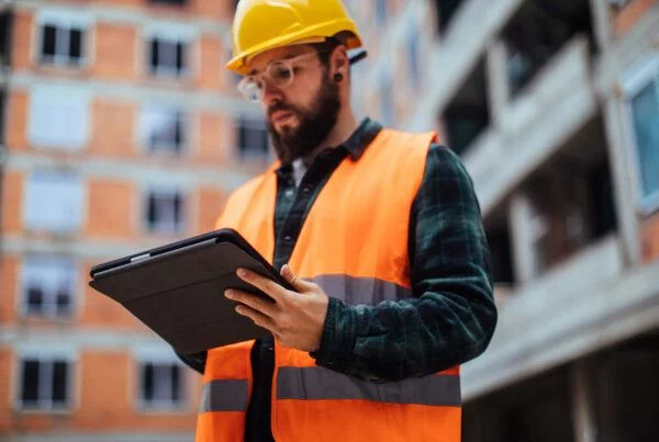 Male service engineer in hi-vis PPE in apartment courtyard holding tablet PC.