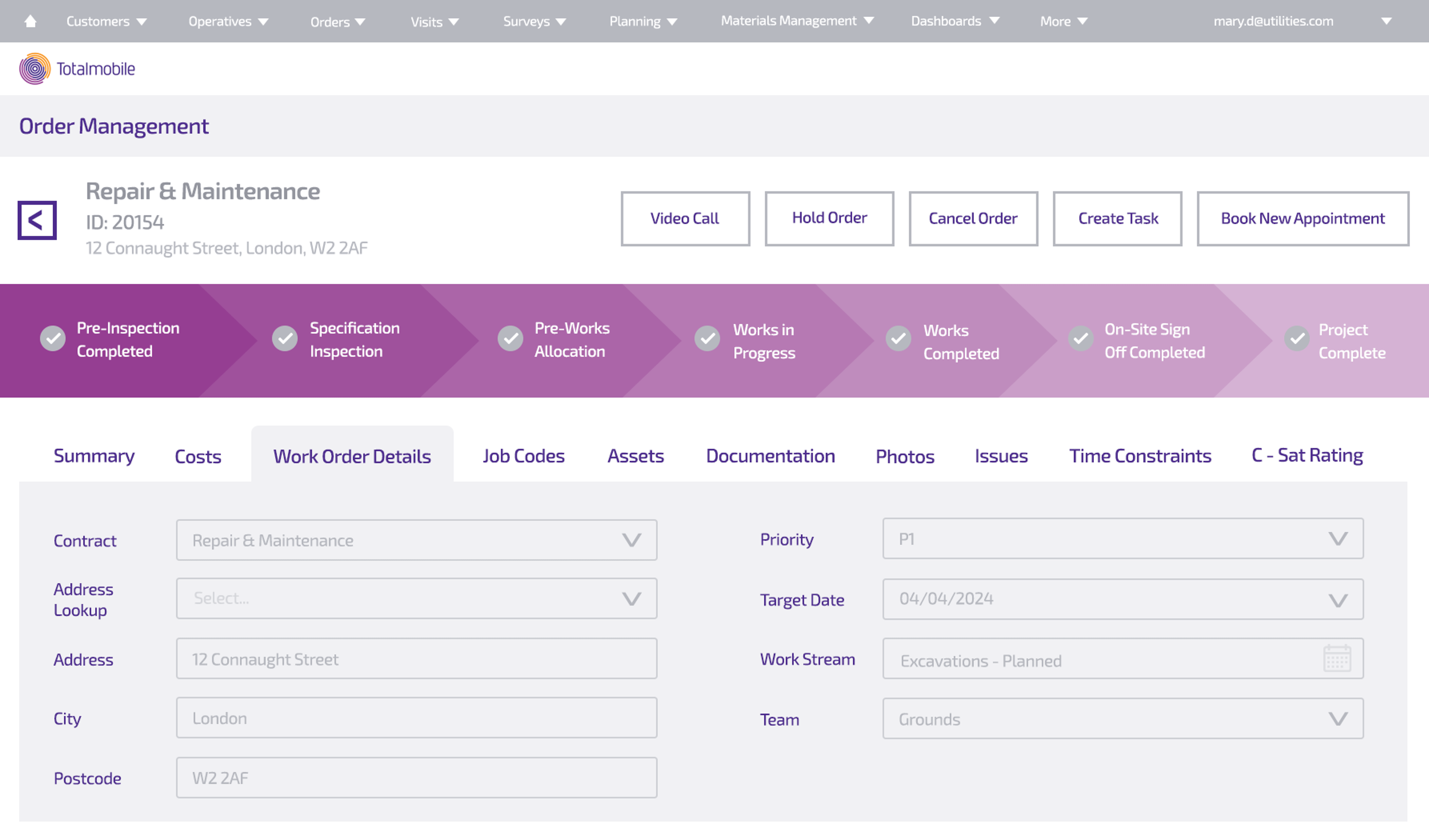 Job management planning of work screen